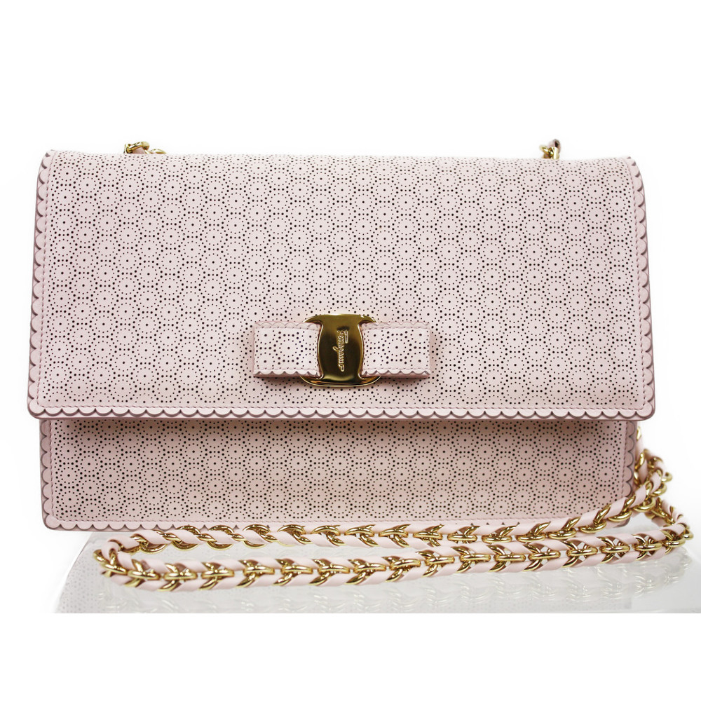 Ferragamo Punching Leather Chain Shoulder Bag Pink Peach